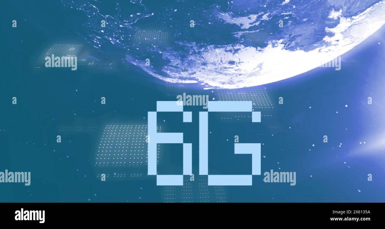 Image of 6g text and data processing over globe Stock Photo