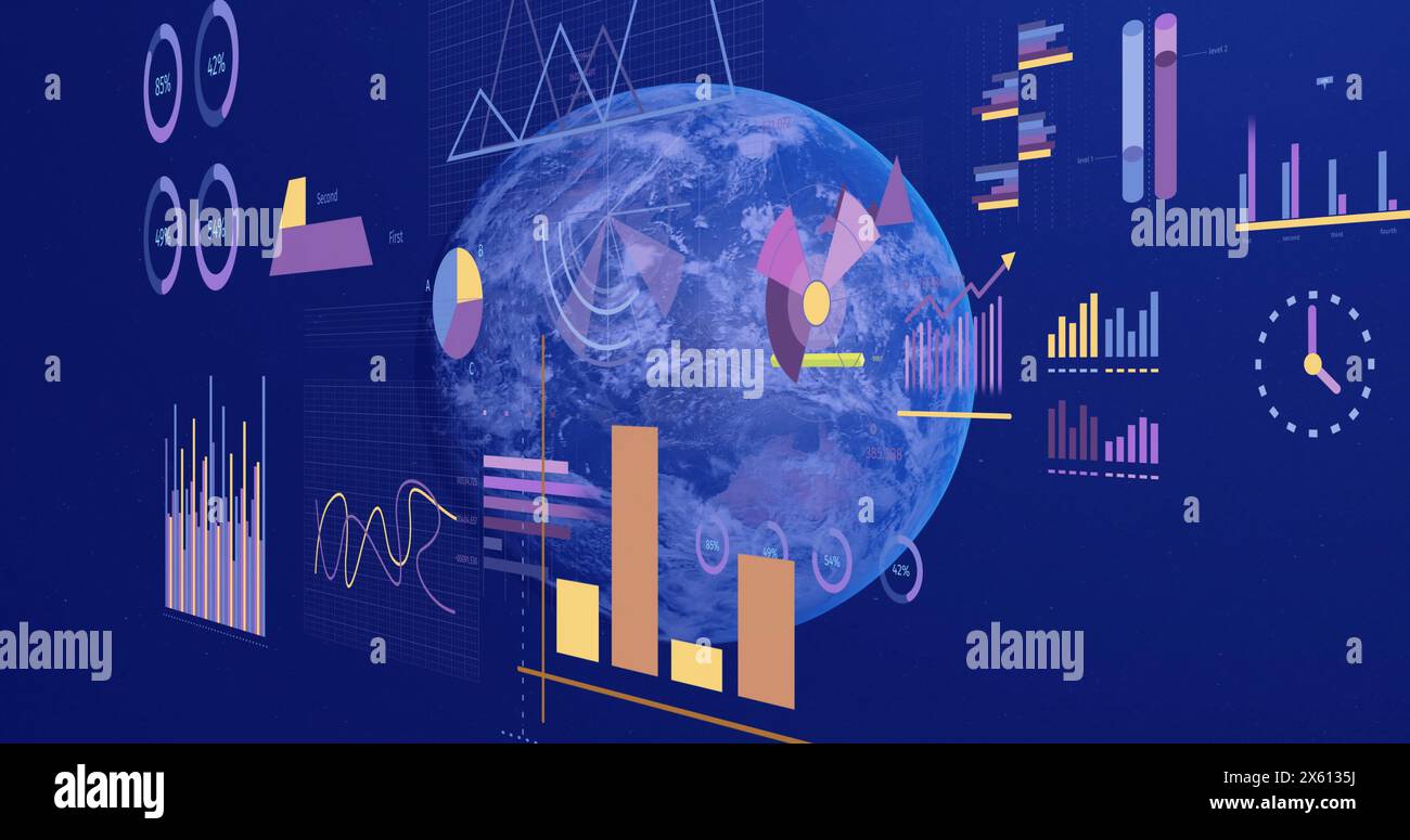 Image of financial data processing over globe Stock Photo
