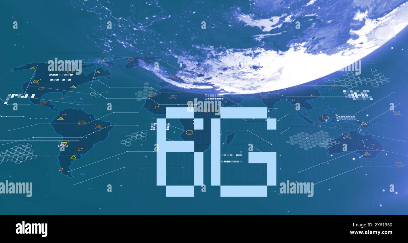 Image of 6g text and data processing over globe Stock Photo