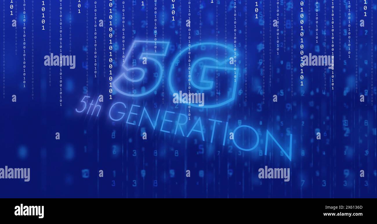 Image of 5g text and data processing over blue background Stock Photo