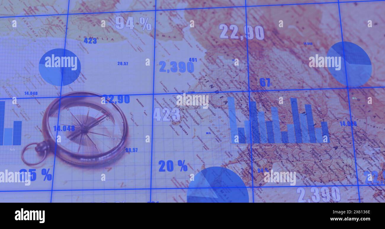 Image of financial data processing over world map Stock Photo