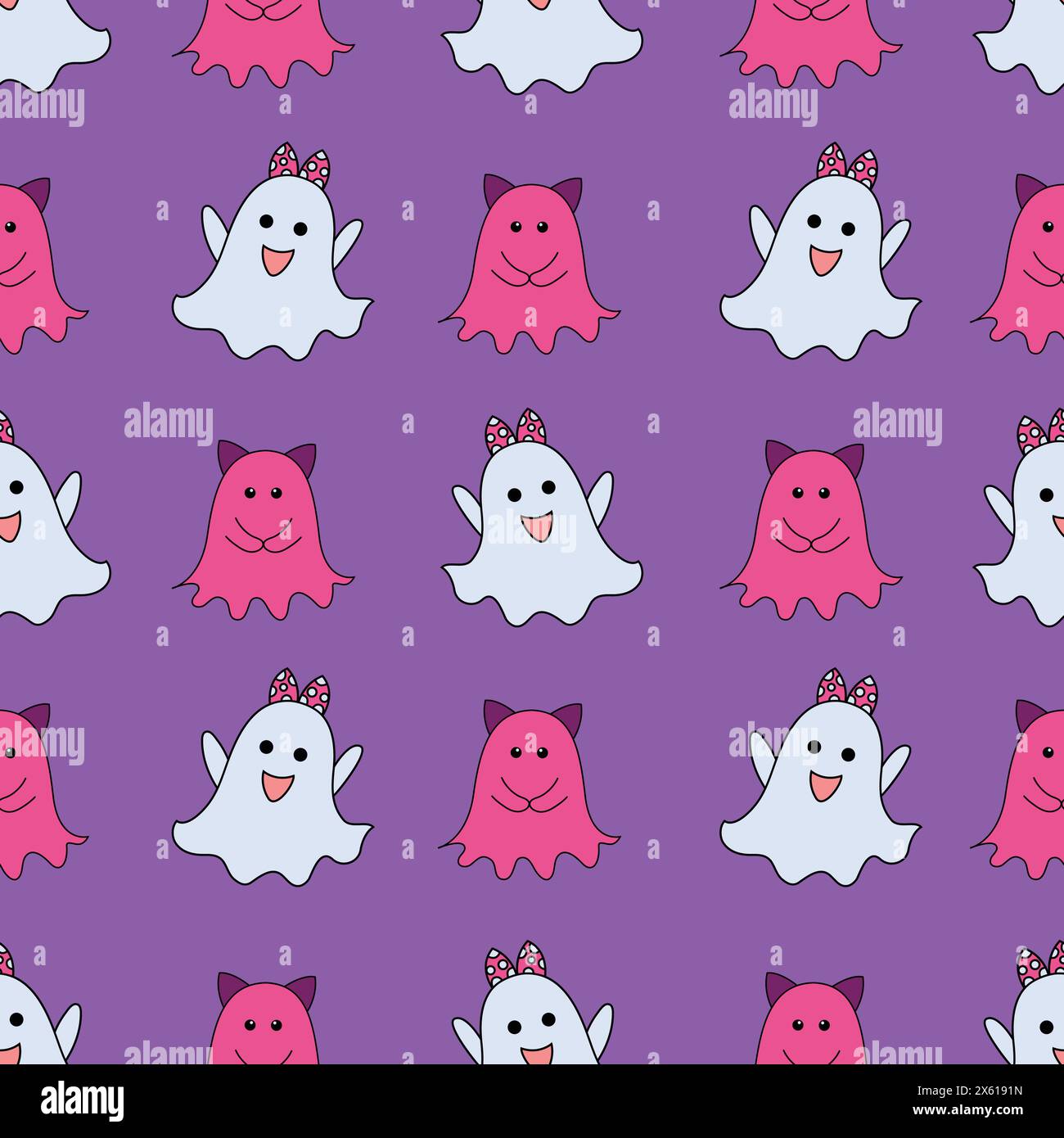 Cute Halloween ghosts on purple background seamless pattern Stock ...