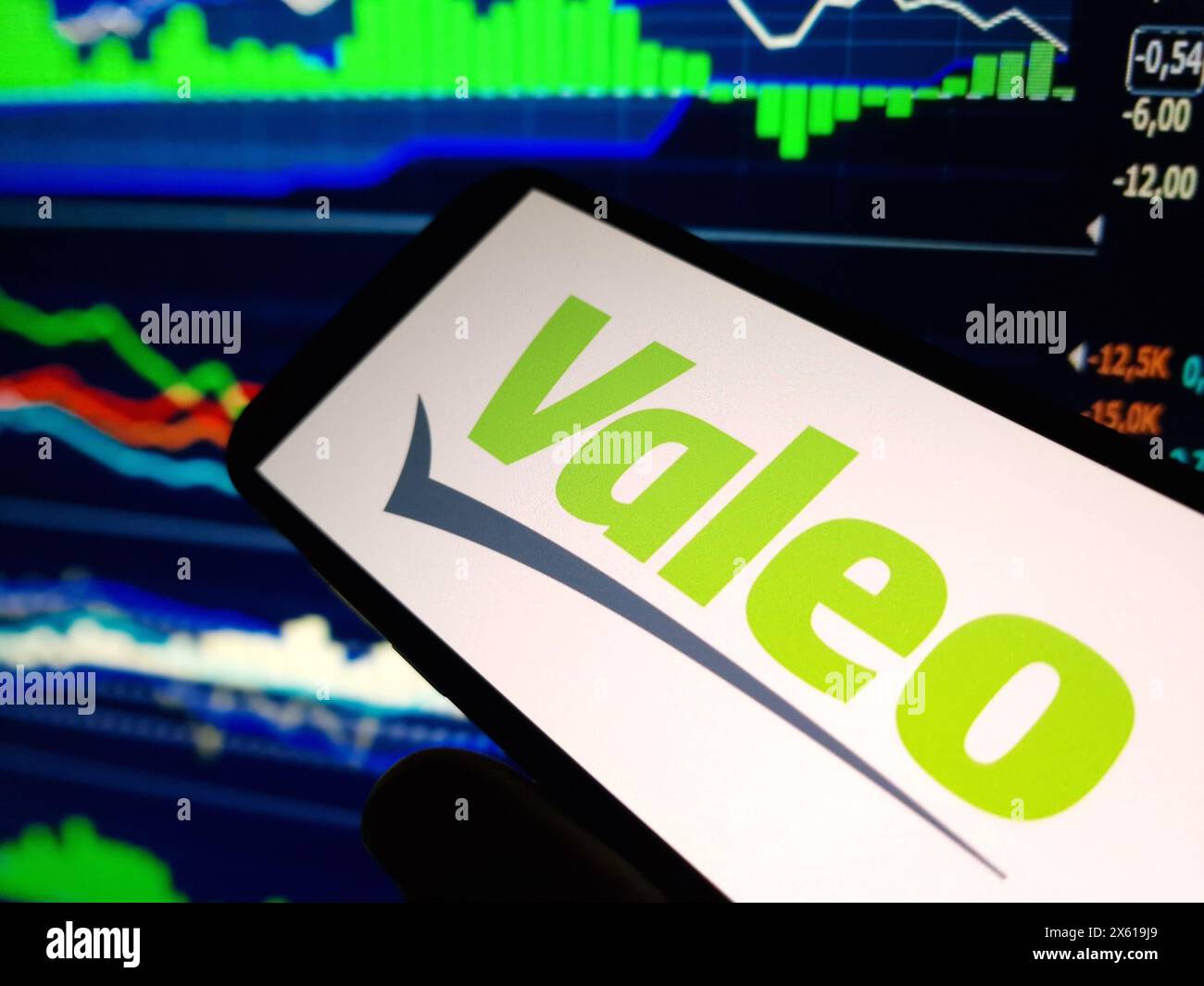 Konskie, Poland - May 11, 2024: Valeo company logo displayed on mobile phone Stock Photo