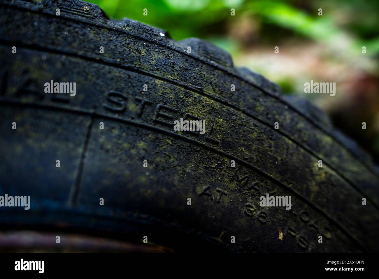 closeup of an old car wheel with a ruined black tire and rusty rim