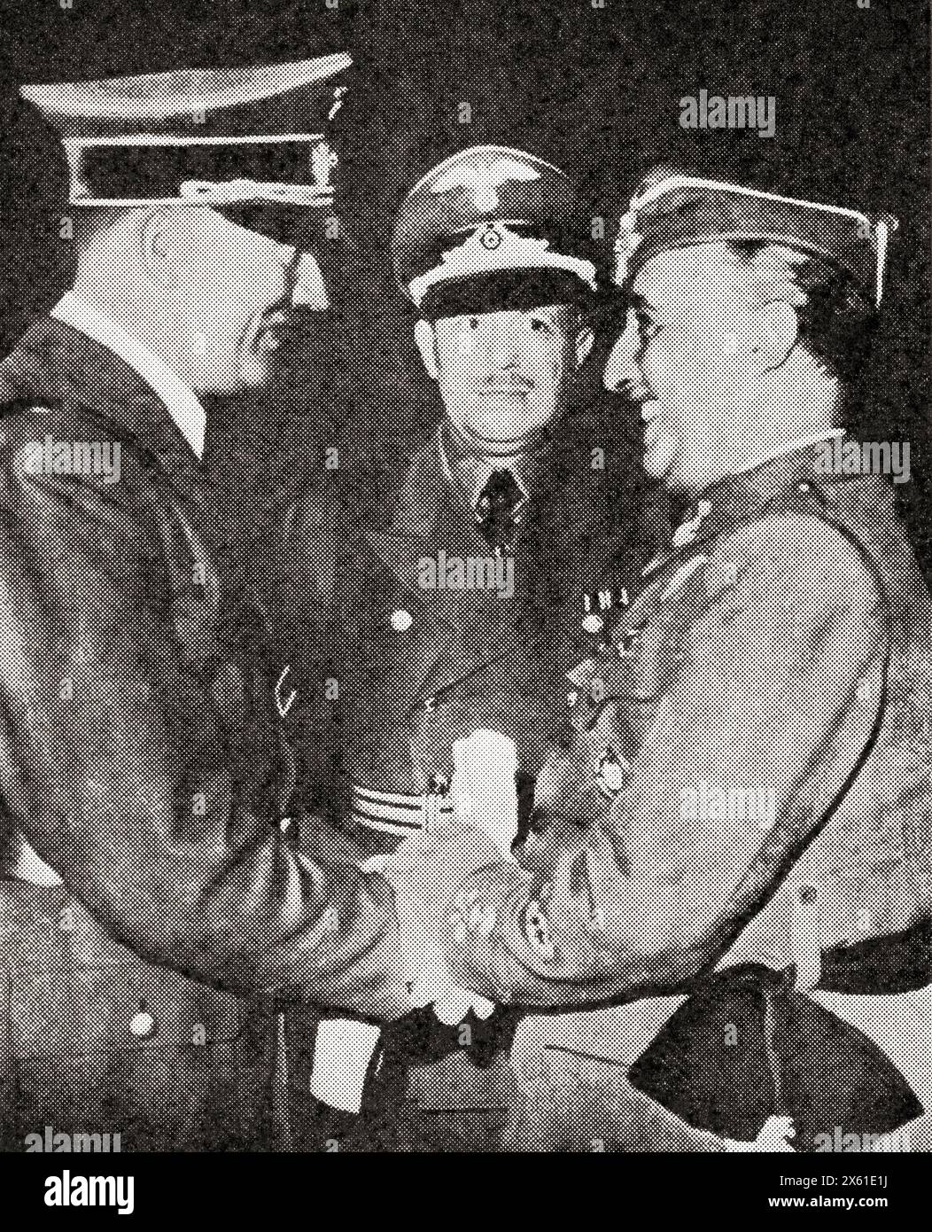 Hitler's meeting with Franco in an attempt to gain new allies, 23-28 October, 1940.  Adolf Hitler, 1889 – 1945. German politician, demagogue, Pan-German revolutionary, leader of the Nazi Party, Chancellor of Germany, and Führer of Nazi Germany from 1934 to 1945.  Francisco Franco Bahamonde, aka El Caudillo, 1892 – 1975.  Spanish military general, ruler of Spain from 1939 to 1975 as a dictator. From The War in Pictures, Sixth Year. Stock Photo