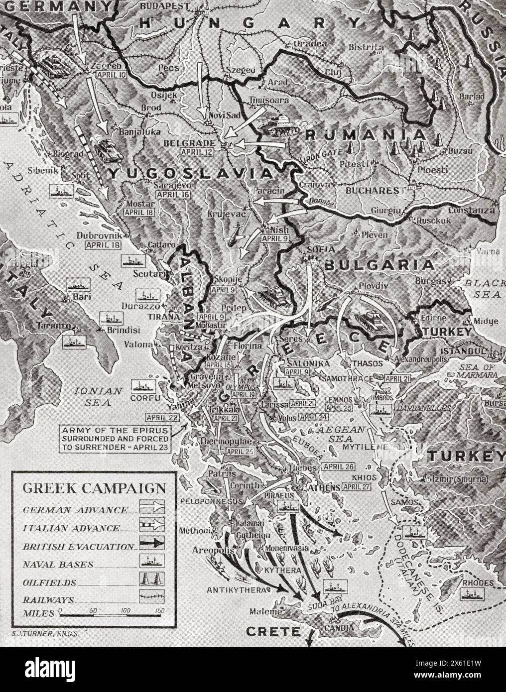 Map showing the German advance in Greece, 6-30 April, 1941.  From The War in Pictures, Sixth Year. Stock Photo