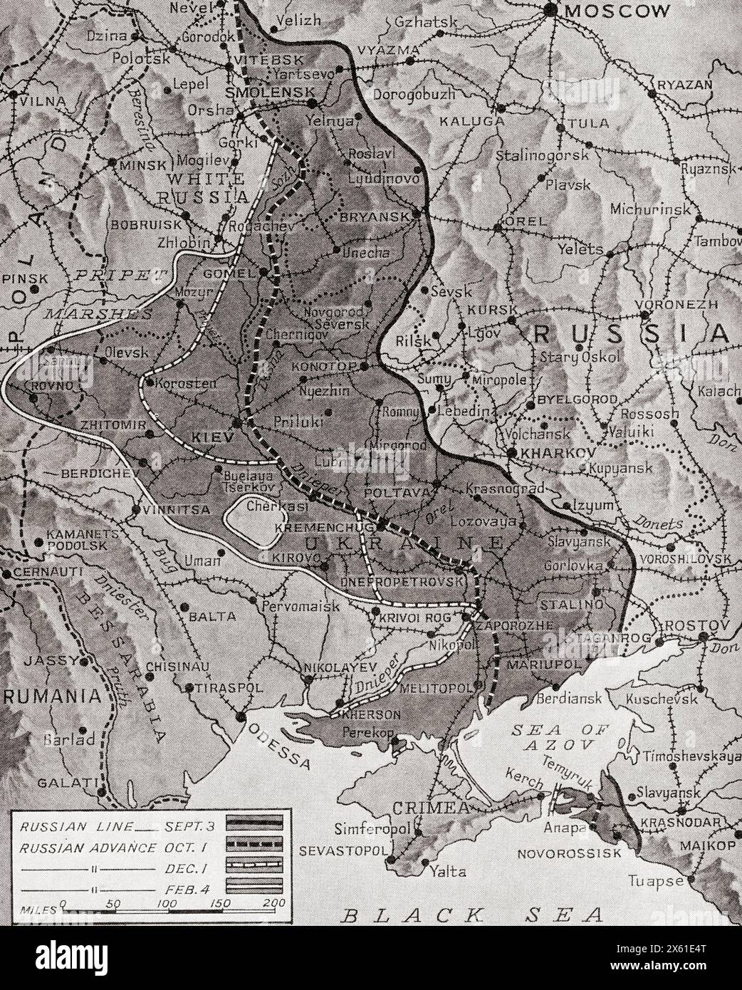 Map showing the Russian advance in October 1943, the Red Army launched an offensive of a 1,000 mile front from Vitebsk to the Taman Peninsula, Russia, wiping out German bridgeheads on the way.  From The War in Pictures, Fifth Year. Stock Photo
