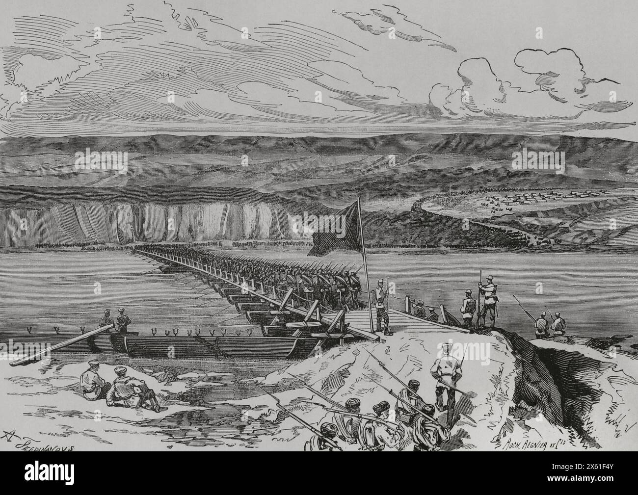 Russo-Turkish War (1877-1878). Crossing the Danube by the Russian troops. Bridge of Simnitza, June 26, 1877. Two bridges supported on trestles were laid over the lagoons. Engraving by A. Ferdinandus and Roch Regnier et Cie. 'La Guerra de Oriente' (The Russo-Turkish War). Volume I. 1877. Stock Photo