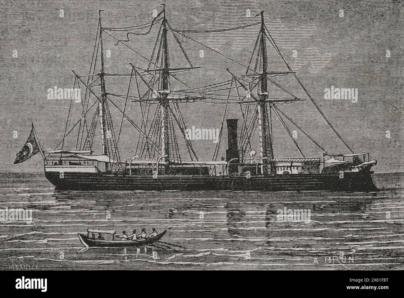 Russo-Turkish War (1877-1878). The Turkish gun-boat 'Lutffi-Djelil', sunk by the Russian batteries near Braila (Romania). Engraving by A. Brun. 'La Guerra de Oriente' (The Russo-Turkish War). Volume I. 1877. Stock Photo