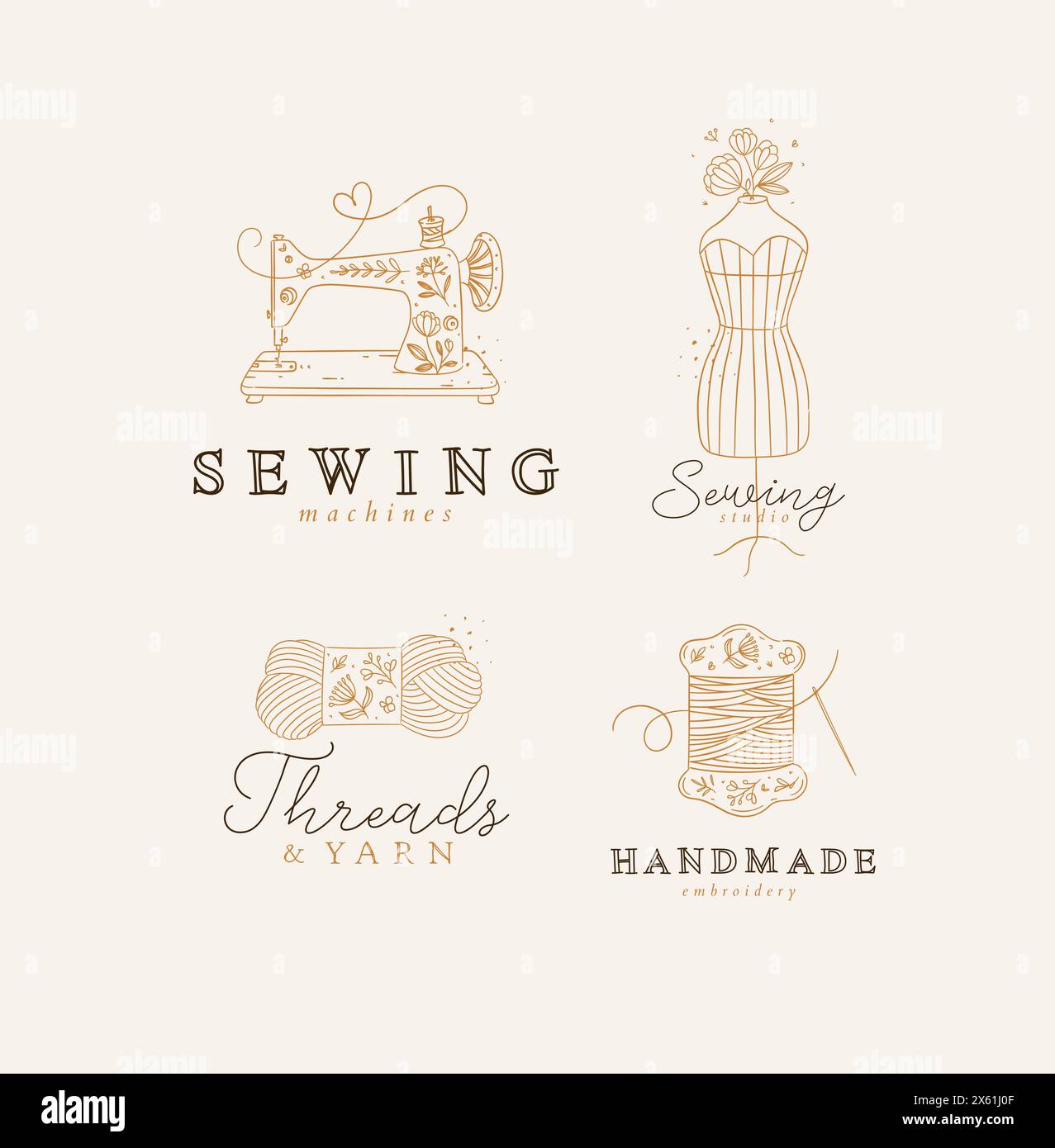 Sewing symbols machine, mannequin, wool, thread with lettering drawing ...