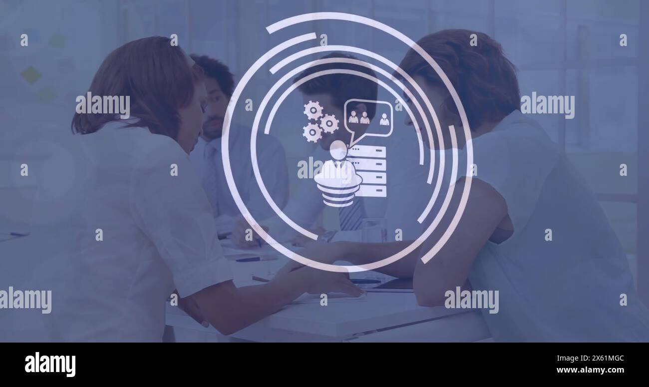 Image of icon in loading circles over diverse coworkers discussing ...