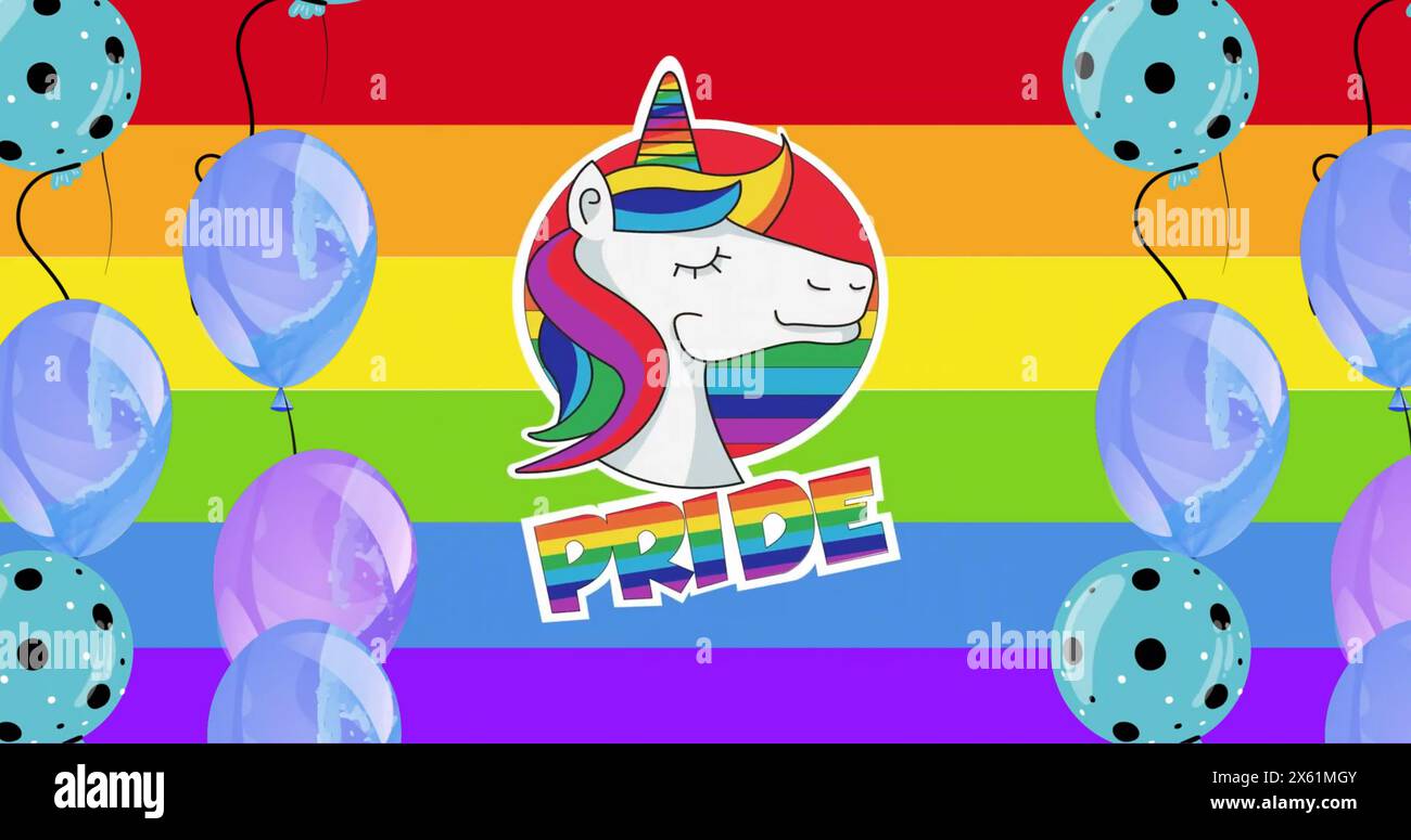 Image of pride text with unicorn and balloons on rainbow background Stock Photo