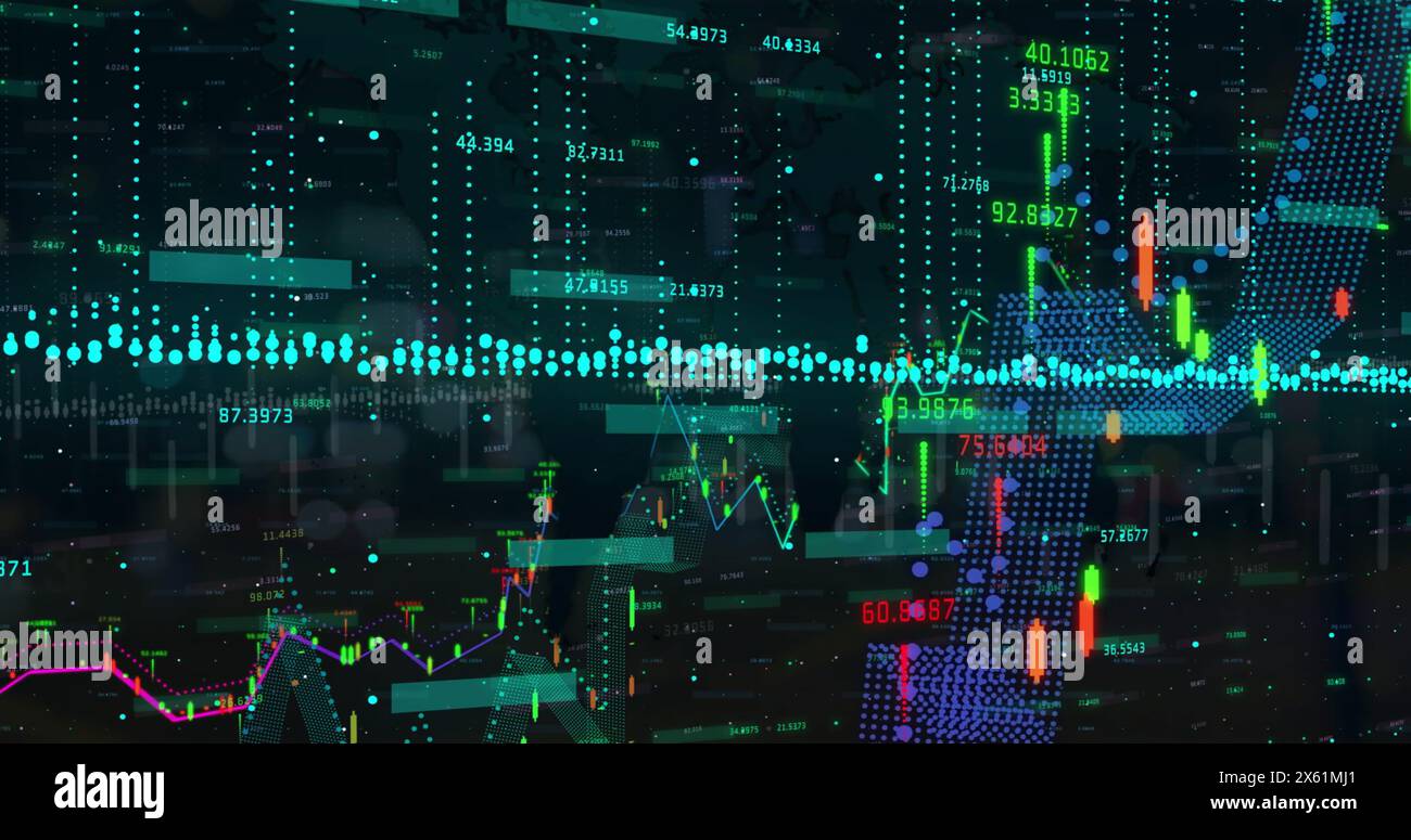 Image of statistic charts and data processing on black background Stock Photo