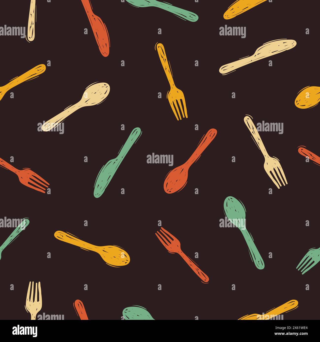 Colorful doodle spoon, knife and fork seamless pattern. Vector illustration Stock Vector