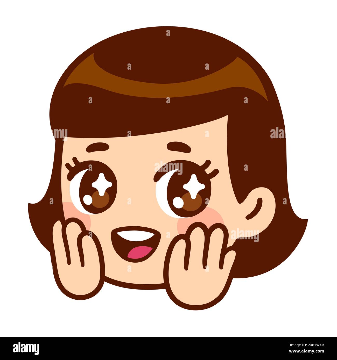 Happy excited girl face with sparkling eyes. Cute cartoon anime character emoji. Isolated vector clip art illustration. Stock Vector