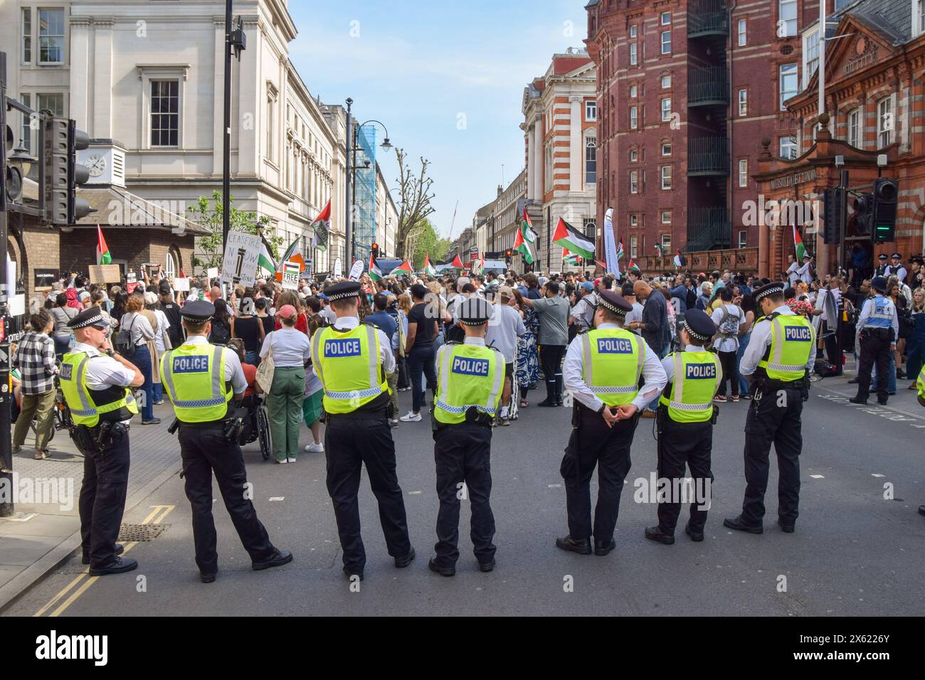 London, UK. 11th May 2024. Protesters outside UCL. Pro-Palestine protesters marched from SOAS (School of Oriental and African Studies) to UCL (University College London), both part of the University of London, as Israel continues its attacks on Gaza. Credit: Vuk Valcic/Alamy Live News Stock Photo