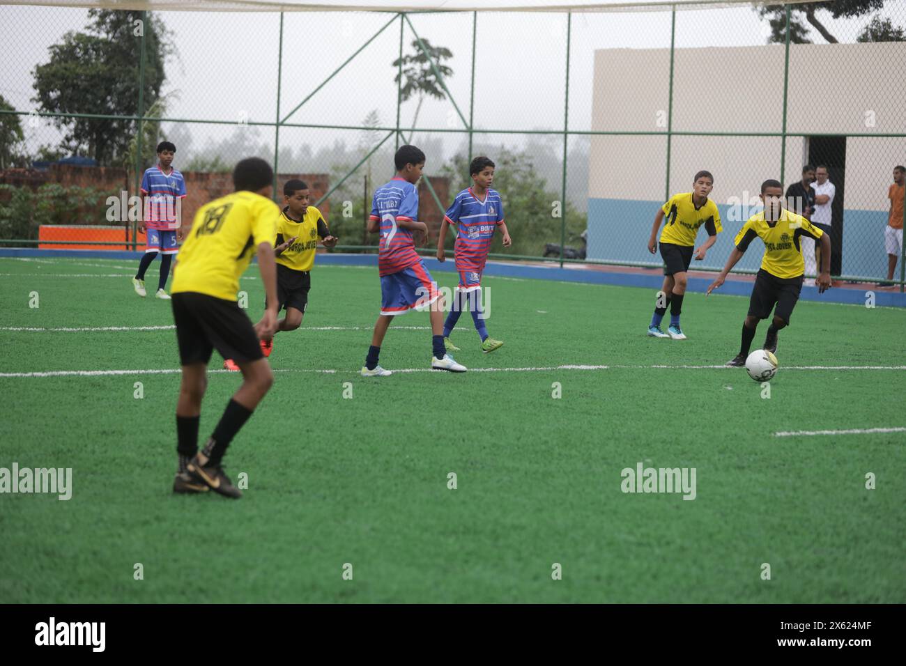 bonito, bahia, brazil - april 28, 2024: female athletes are seen in a football match on a field with synthetic grass in the city of Bonito. Stock Photo