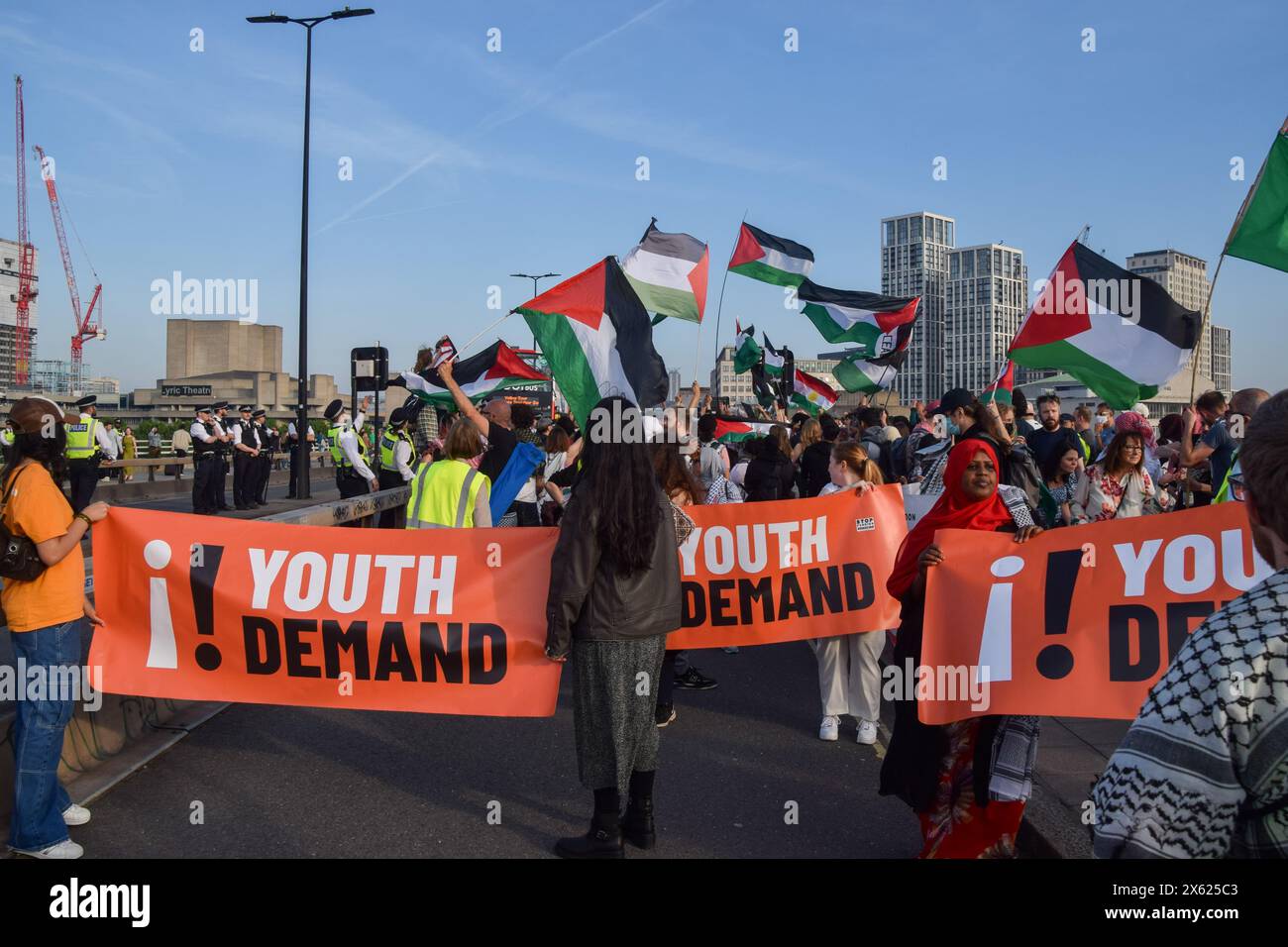 London, UK. 11th May 2024. Pro-Palestine protesters, including the group Youth Demand, block Waterloo Bridge as Israel continues its attacks on Gaza. Credit: Vuk Valcic/Alamy Live News Stock Photo