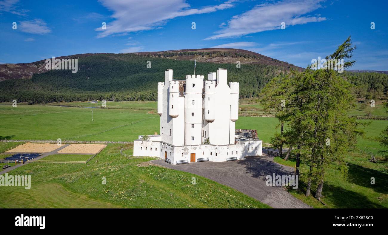 Braemar Castle Aberdeenshire Scotland blue sky over the hills larch ...