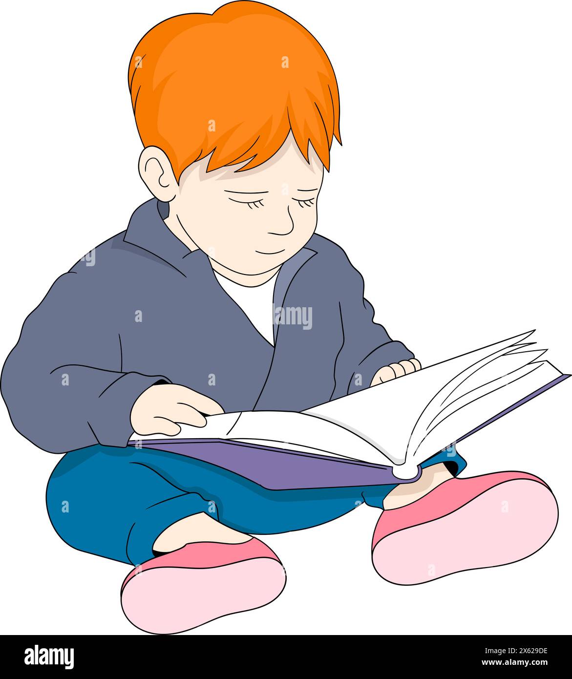 educational cartoon doodle illustration, child is sitting reading a book studying mathematics, creative drawing Stock Vector