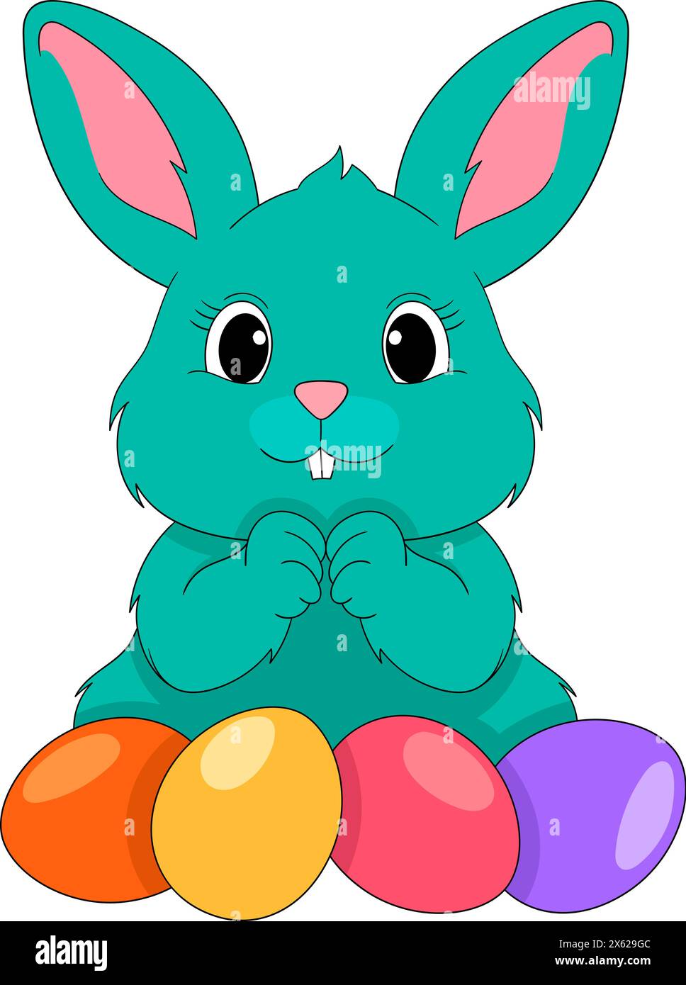 Cartoon doodle illustration of Easter celebration, tosca rabbit with colorful eggs, Catholic Christian celebration, creative drawing Stock Vector