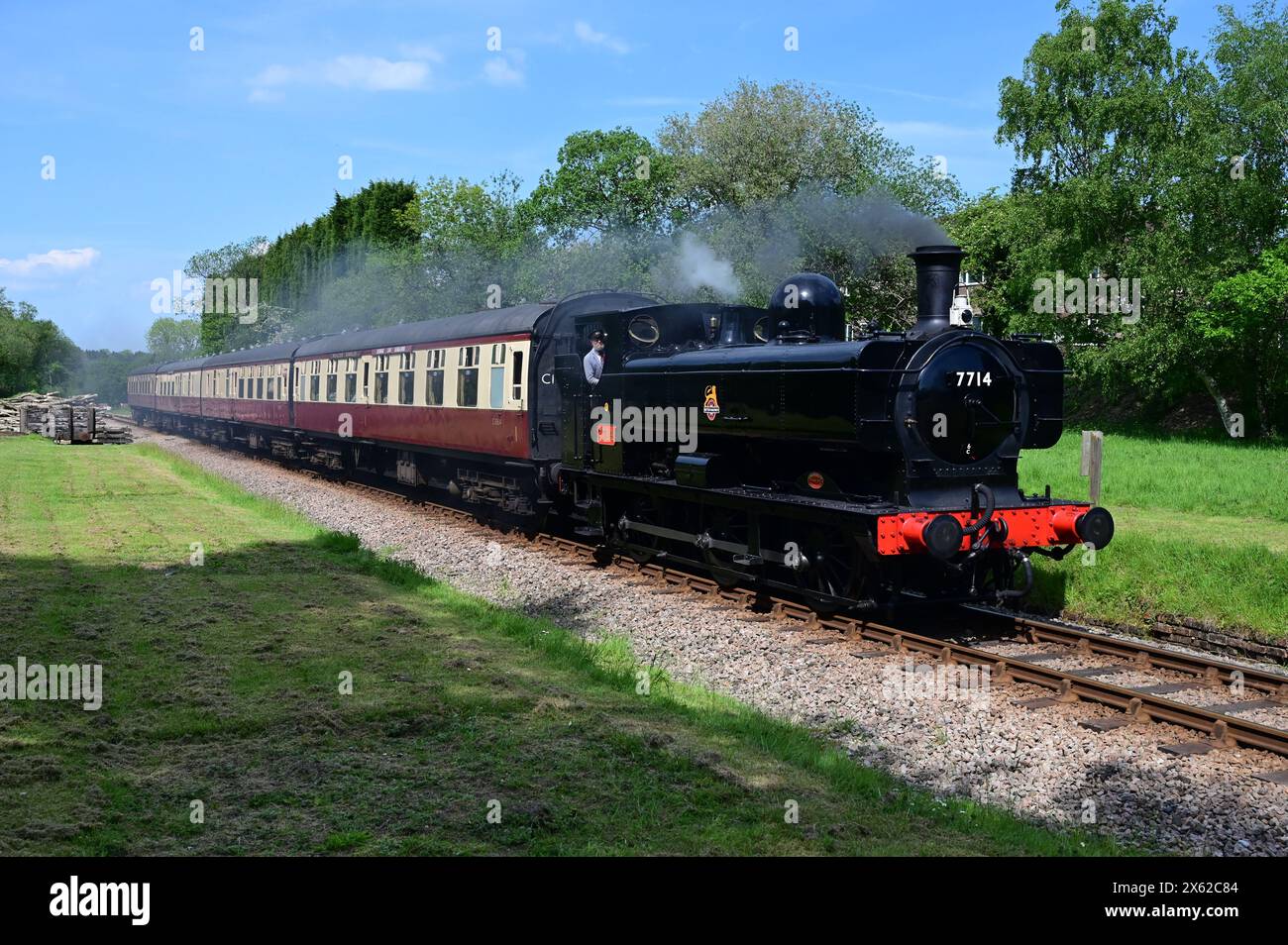 Steam train on The Bluebell Railway. Stock Photo