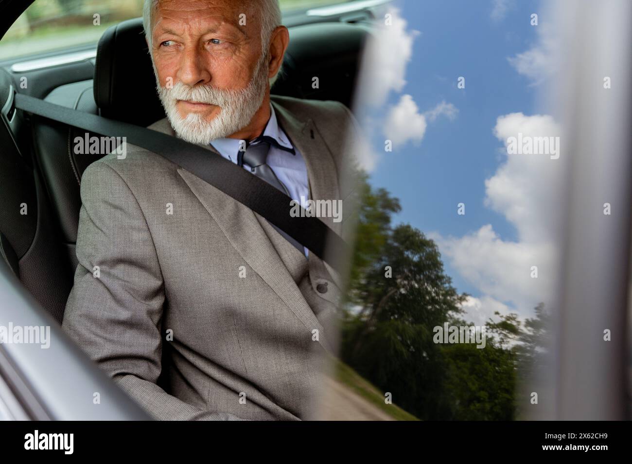 Well-dressed elderly man with a beard smiles contentedly while seated ...