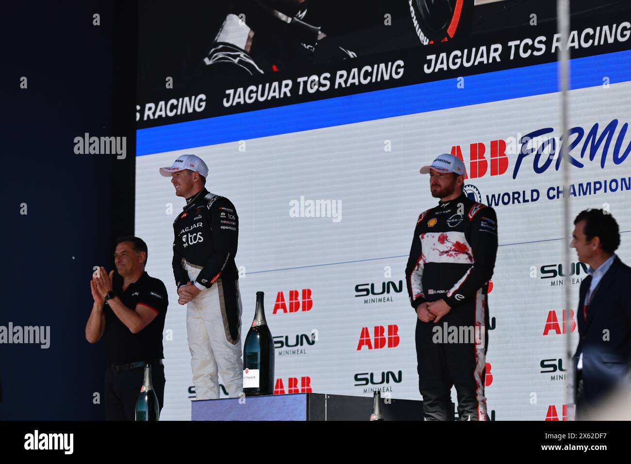 Germany, Berlin, May 12, 2024. Nick Cassidy and Oliver Rowland at the award ceremony. António Félix da Costa from Tag Heuer Porsche Formula E Team wins Round 10 of the 2023/24 ABB FIA Formula E Championship. Nick Cassidy fromTeam Jaguar TCS Racing wins second place and Oliver Rowland of Team Nissan Formula E Team wins third place.The Berlin E-Prix 2024 will be in Berlin on May 11th and 12th, 2024 with a double race for the tenth time. The 2023/2024 electric racing series will take place at the former Tempelhof Airport. Credit: Sven Struck/Alamy Live News Stock Photo