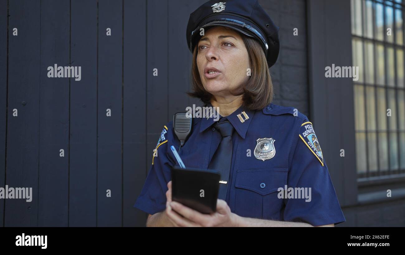 A mature woman police officer is taking notes on a notepad while ...