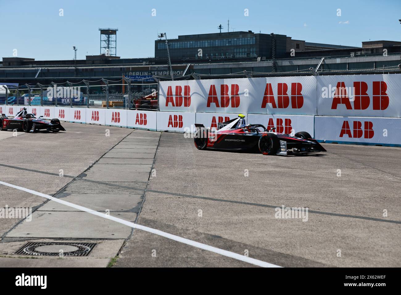 Germany, Berlin, May 12, 2024. Racing cars on the race track from  Round 10 of the 2023/24 ABB FIA Formula E Championship. The Berlin E-Prix 2024 will be in Berlin on May 11th and 12th, 2024 with a double race for the tenth time. The 2023/2024 electric racing series will take place at the former Tempelhof Airport. Credit: Sven Struck/Alamy Live News Stock Photo