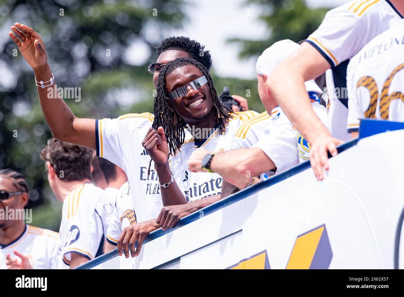 Madrid, Madrid, Spain. 12th May, 2024. MADRID, SPAIN - MAY 12: The open top bus with the Real Madrid players (from L to R) Aurelien Tchouameni, Eduardo Camavinga seen arriving during the Real Madrid Celebration of The La Liga Title at Plaza de Cibeles on May 12, 2024 in Madrid, Spain. (Credit Image: © Alberto Gardin/ZUMA Press Wire) EDITORIAL USAGE ONLY! Not for Commercial USAGE! Credit: ZUMA Press, Inc./Alamy Live News Stock Photo