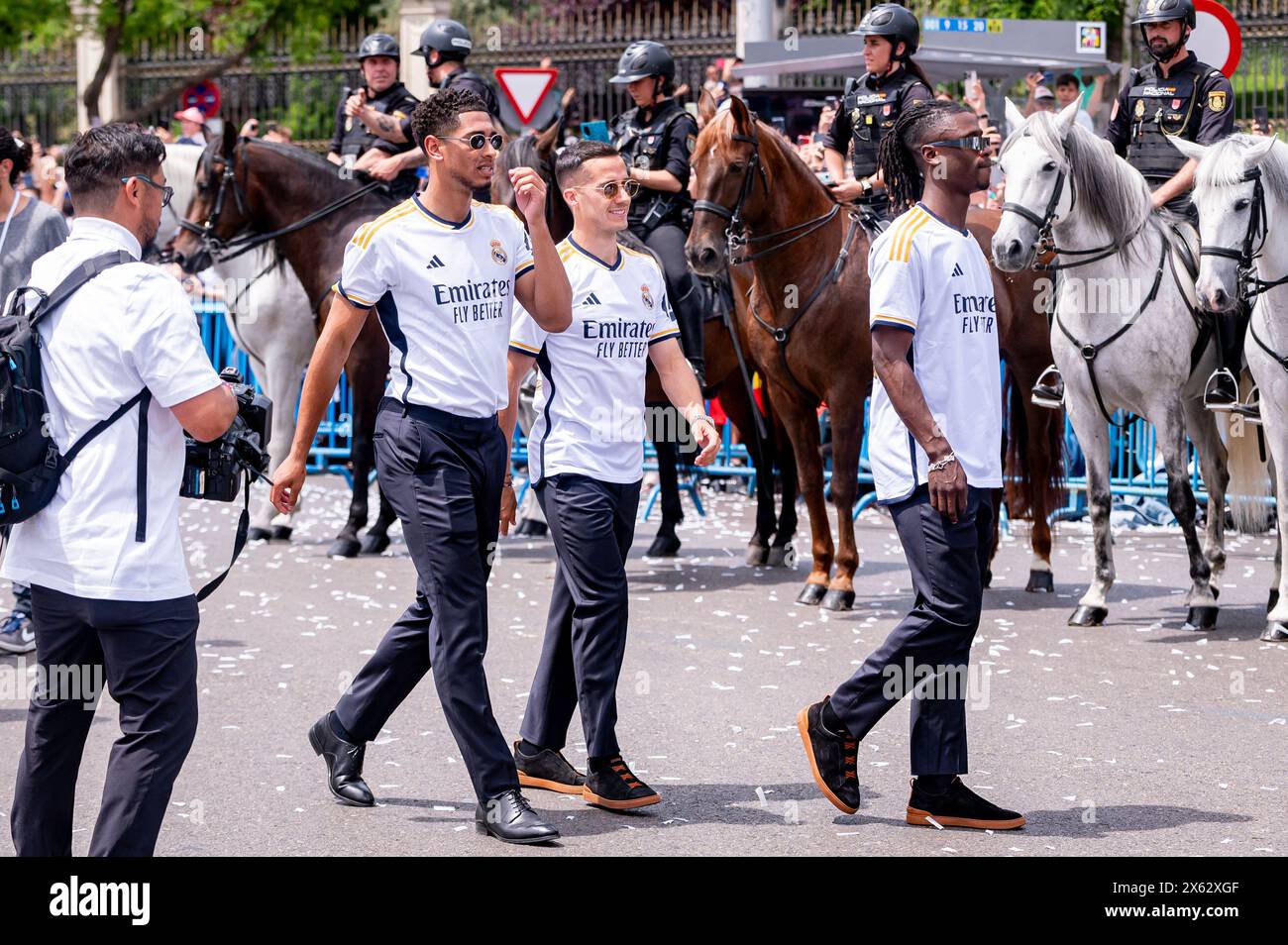 Madrid, Madrid, Spain. 12th May, 2024. MADRID, SPAIN - MAY 12: Real Madrid players (from L to R) Jude Bellingham, Lucas Vazquez and Eduardo Camavinga of Real Madrid walks during the Real Madrid Celebration of The La Liga Title at Plaza de Cibeles on May 12, 2024 in Madrid, Spain. (Credit Image: © Alberto Gardin/ZUMA Press Wire) EDITORIAL USAGE ONLY! Not for Commercial USAGE! Credit: ZUMA Press, Inc./Alamy Live News Stock Photo