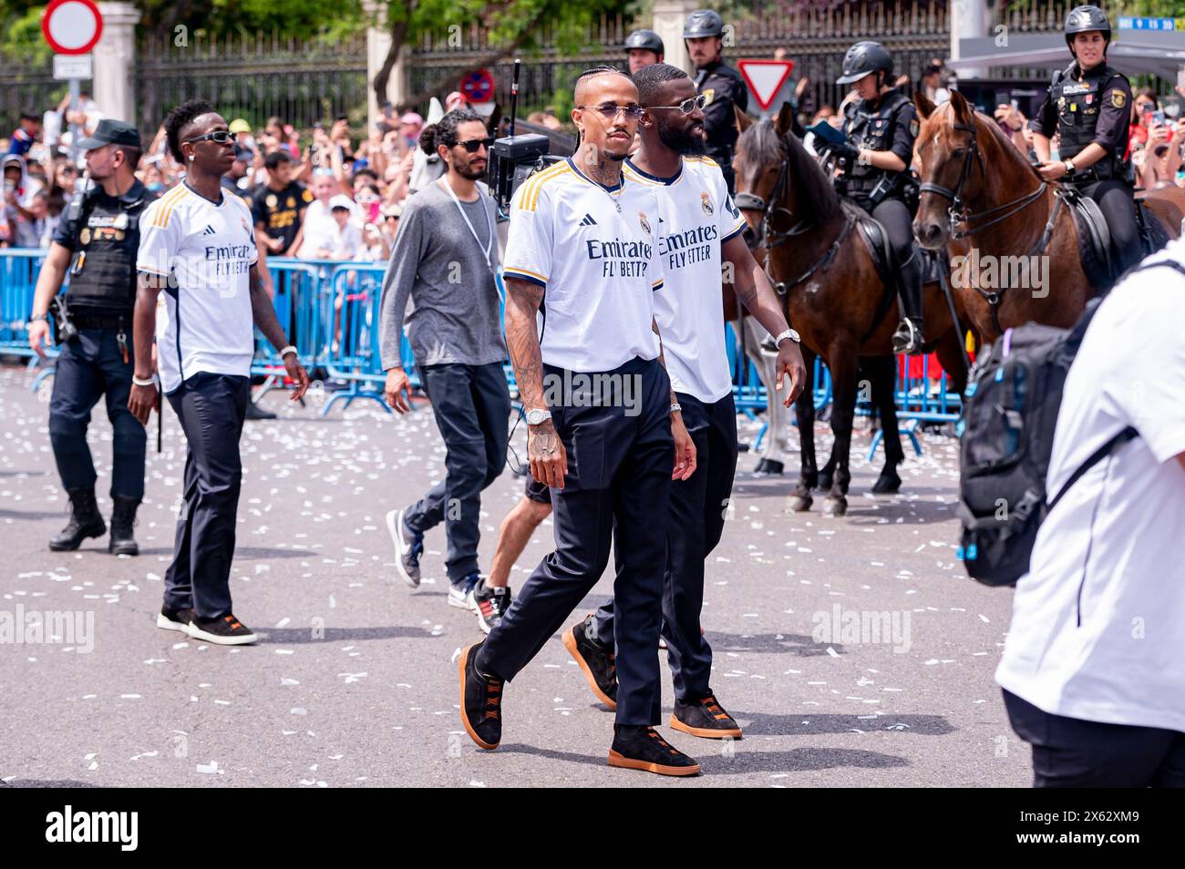 Madrid, Madrid, Spain. 12th May, 2024. MADRID, SPAIN - MAY 12: Real Madrid players (from L to R) Eder Militao and Antonio Rudiger of Real Madrid walks during the Real Madrid Celebration of The La Liga Title at Plaza de Cibeles on May 12, 2024 in Madrid, Spain. (Credit Image: © Alberto Gardin/ZUMA Press Wire) EDITORIAL USAGE ONLY! Not for Commercial USAGE! Credit: ZUMA Press, Inc./Alamy Live News Stock Photo
