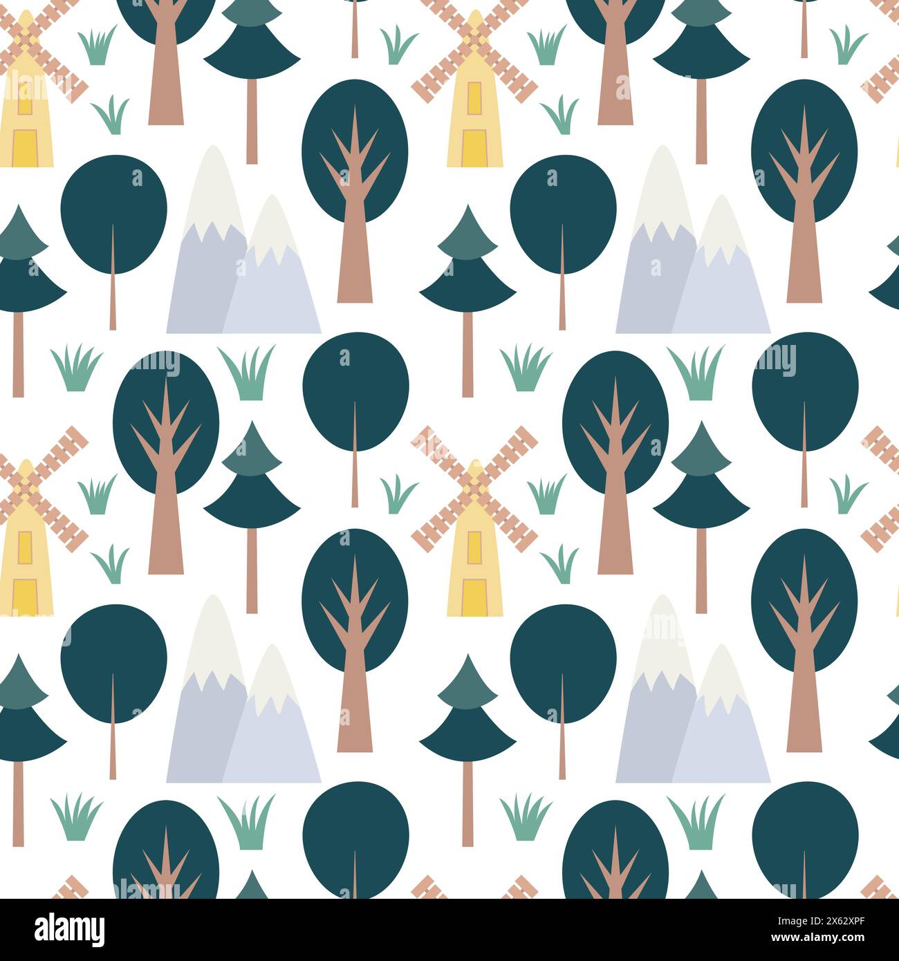 Trees and mill seamless pattern Stock Vector