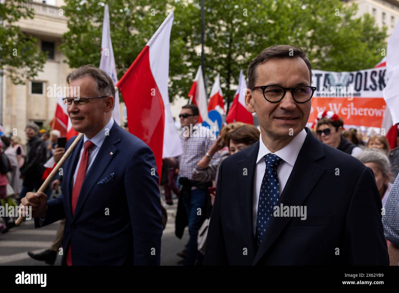 May 10, 2024, Warsaw, Mazovian Province, Poland: Former Prime Minister of Poland Mateusz Morawiecki (right) and former secretary of State Ministry of Foreign Affairs Arkadiusz Mularczyk (left) during a protest against the European Union's Green Deal ahead of EU parliamentary elections, in Warsaw. The protest was organized by the Independent Self-Governing Trade Union ''Solidarity'', farmers, right-wing and anti-EU movements with the participation of Law and Justice and Confederation politicians. (Credit Image: © Maciek Jazwiecki/ZUMA Press Wire) EDITORIAL USAGE ONLY! Not for Commercial USAGE! Stock Photo