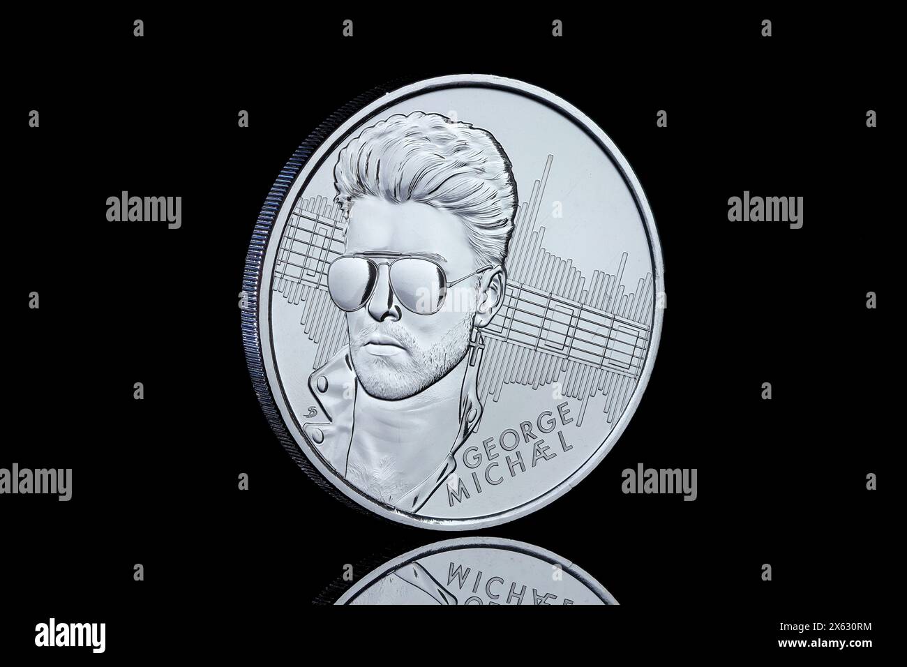 2024 United Kingdom £% coin to commemorated George Michael. The obverse features King Charles III portrait by Martin Jennings Stock Photo