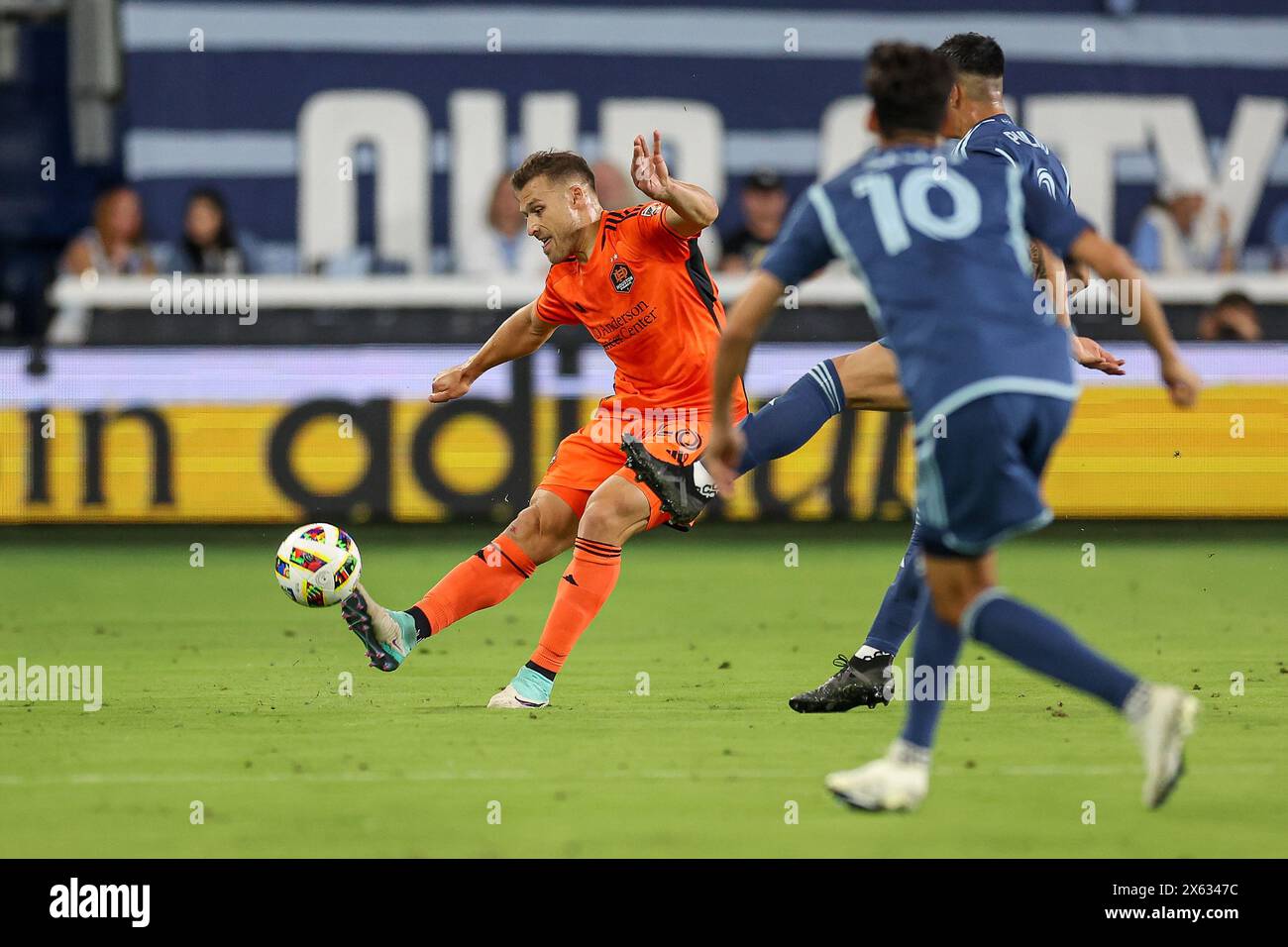 Kansas City, KS, USA. 11th May, 2024. Houston Dynamo FC defender Erik Sviatchenko (28) passes the ball against Sporting Kansas City at Children's Mercy Park in Kansas City, KS. David Smith/CSM (Corrects for an earlier version with an incorrect date. Credit: csm/Alamy Live News Stock Photo