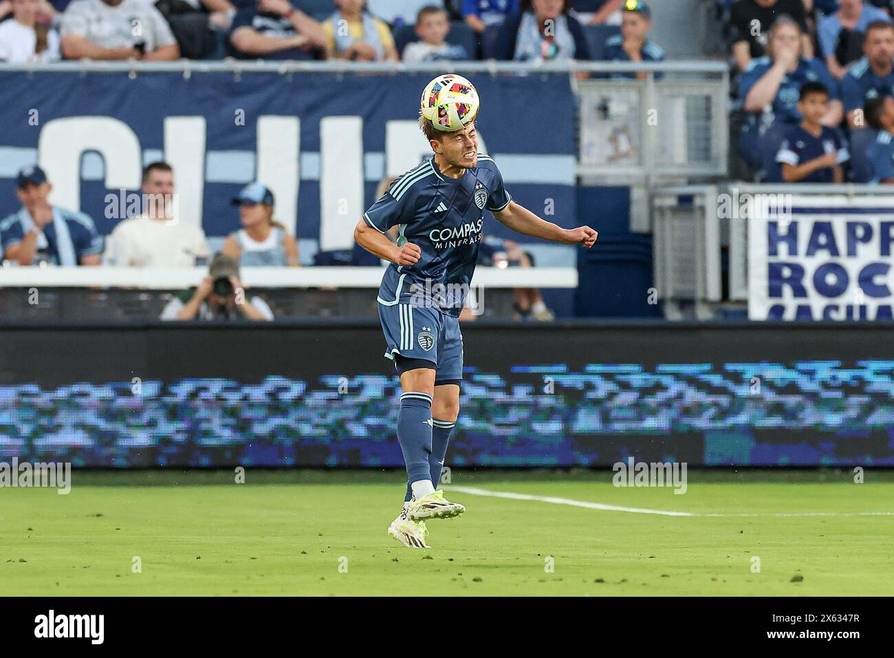 Kansas City, KS, USA. 11th May, 2024. Sporting Kansas City midfielder Jake Davis (17) heads the ball against Houston Dynamo FC at Children's Mercy Park in Kansas City, KS. David Smith/CSM (Corrects for an earlier version with an incorrect date. Credit: csm/Alamy Live News Stock Photo