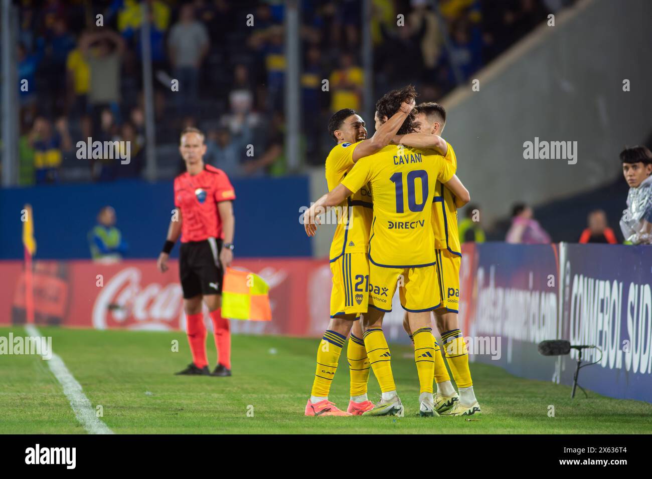 Equi Fernandez, Kevin Zenon, Edinson Cavani celebration after Cavani's goal for Boca Jrs agains Sportivo Trinidense. Stock Photo