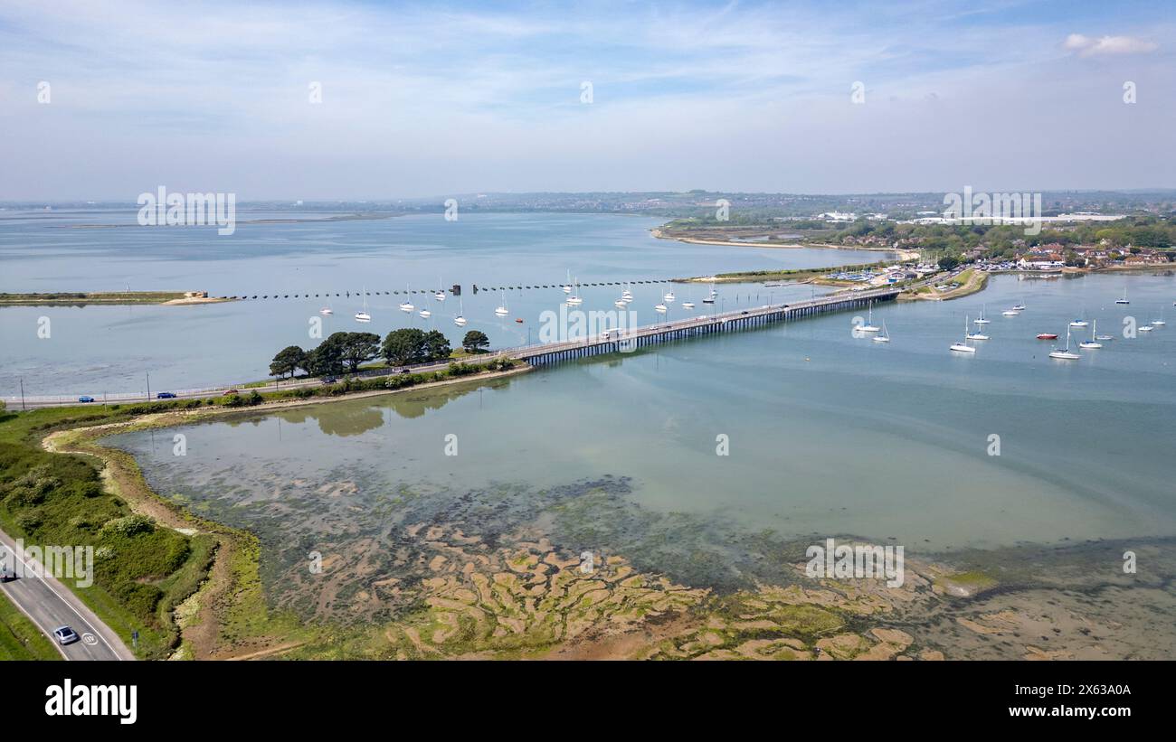 Aerial view of road bridge between Hayling Island (left) and Langstone in Hampshire, UK Stock Photo