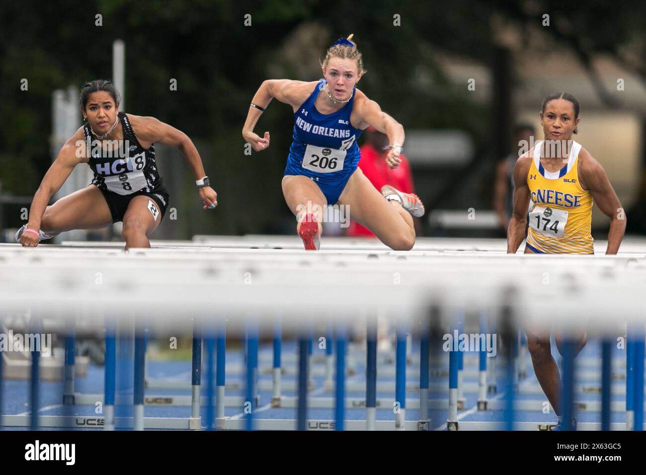 May 11, 2024: Athletes compete in the Women's 100 Meter Hurdles during the 2024 Southland Conference Outdoor Track and Field Championships at Wendel D. Ley Track & Holloway Field in Houston, Texas. Prentice C. James/CSM Stock Photo