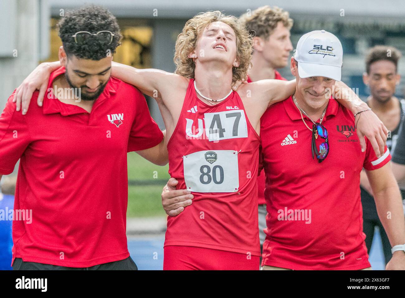May 11, 2024: Incarnate Word's Ethan Malesich, center, is exhausted following the Men's 5000 Meter Run during the 2024 Southland Conference Outdoor Track and Field Championships at Wendel D. Ley Track & Holloway Field in Houston, Texas. Prentice C. James/CSM (Credit Image: © Prentice C. James/Cal Sport Media) Stock Photo