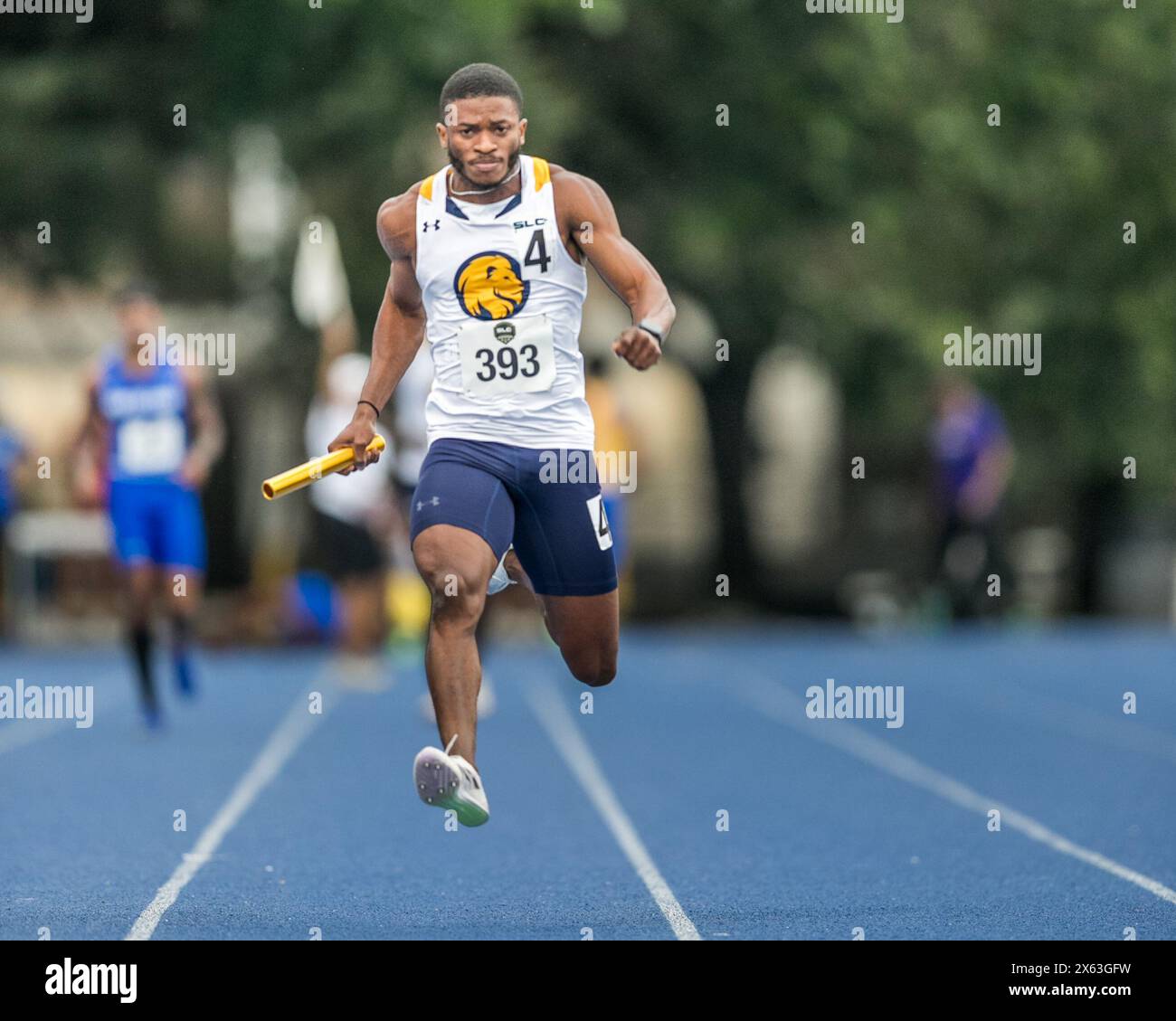 May 11, 2024: TAMU-Commerce's Ibrahim Fuseini competes in the Men's 4x100 Meter Relay during the 2024 Southland Conference Outdoor Track and Field Championships at Wendel D. Ley Track & Holloway Field in Houston, Texas. Prentice C. James/CSM Stock Photo