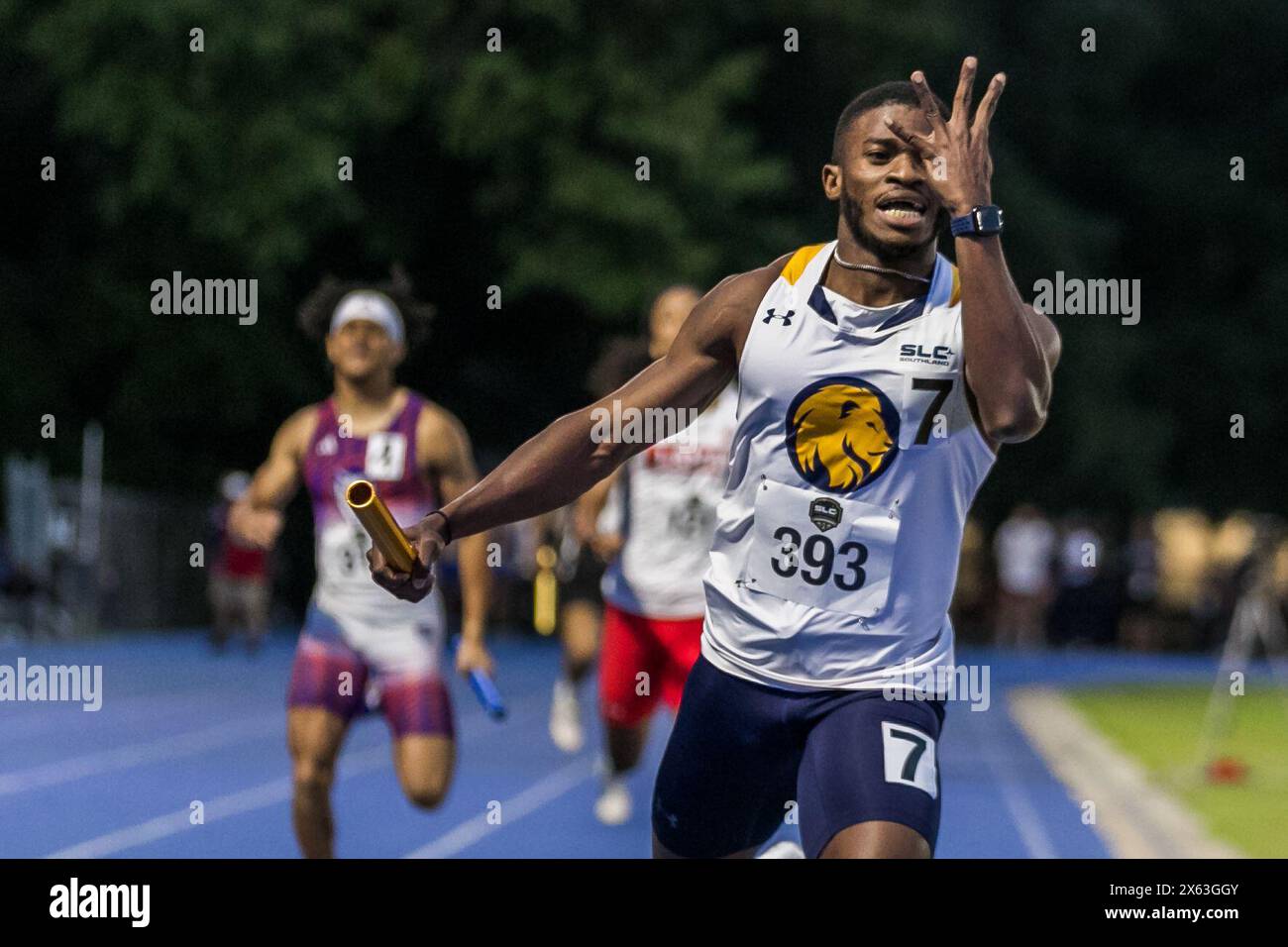 May 11, 2024: TAMU-Commerce's Ibrahim Fuseini celebrates his team's win in the Men's 4x400 Meter Relay during the 2024 Southland Conference Outdoor Track and Field Championships at Wendel D. Ley Track & Holloway Field in Houston, Texas. Prentice C. James/CSM Stock Photo