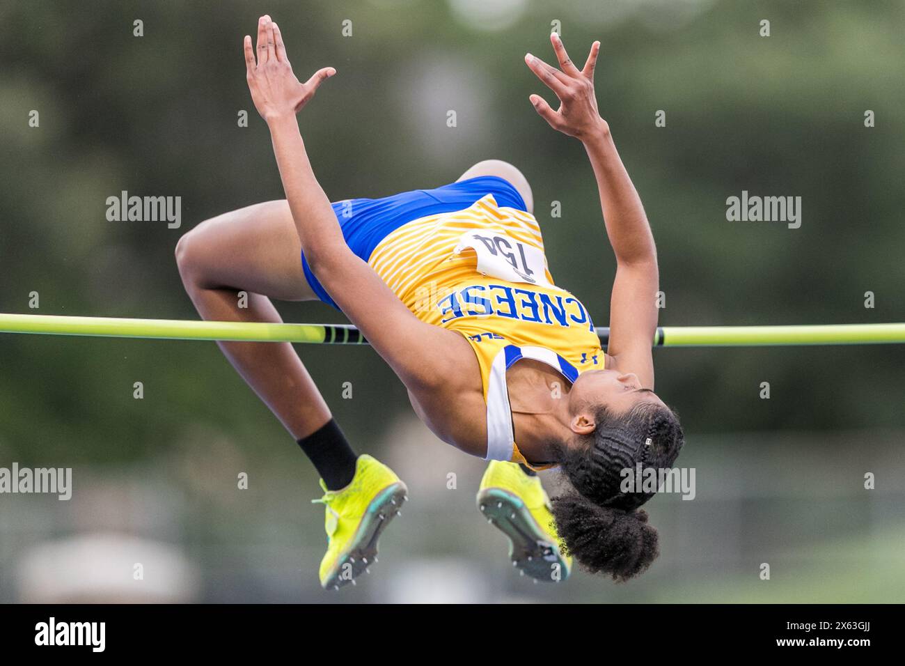 May 11, 2024: McNeese State's Sakari Famous competes in the Women's High Jump during the 2024 Southland Conference Outdoor Track and Field Championships at Wendel D. Ley Track & Holloway Field in Houston, Texas. Prentice C. James/CSM Stock Photo