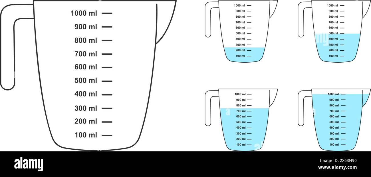 Set of empty and water filled measuring cups with 1 liter volume