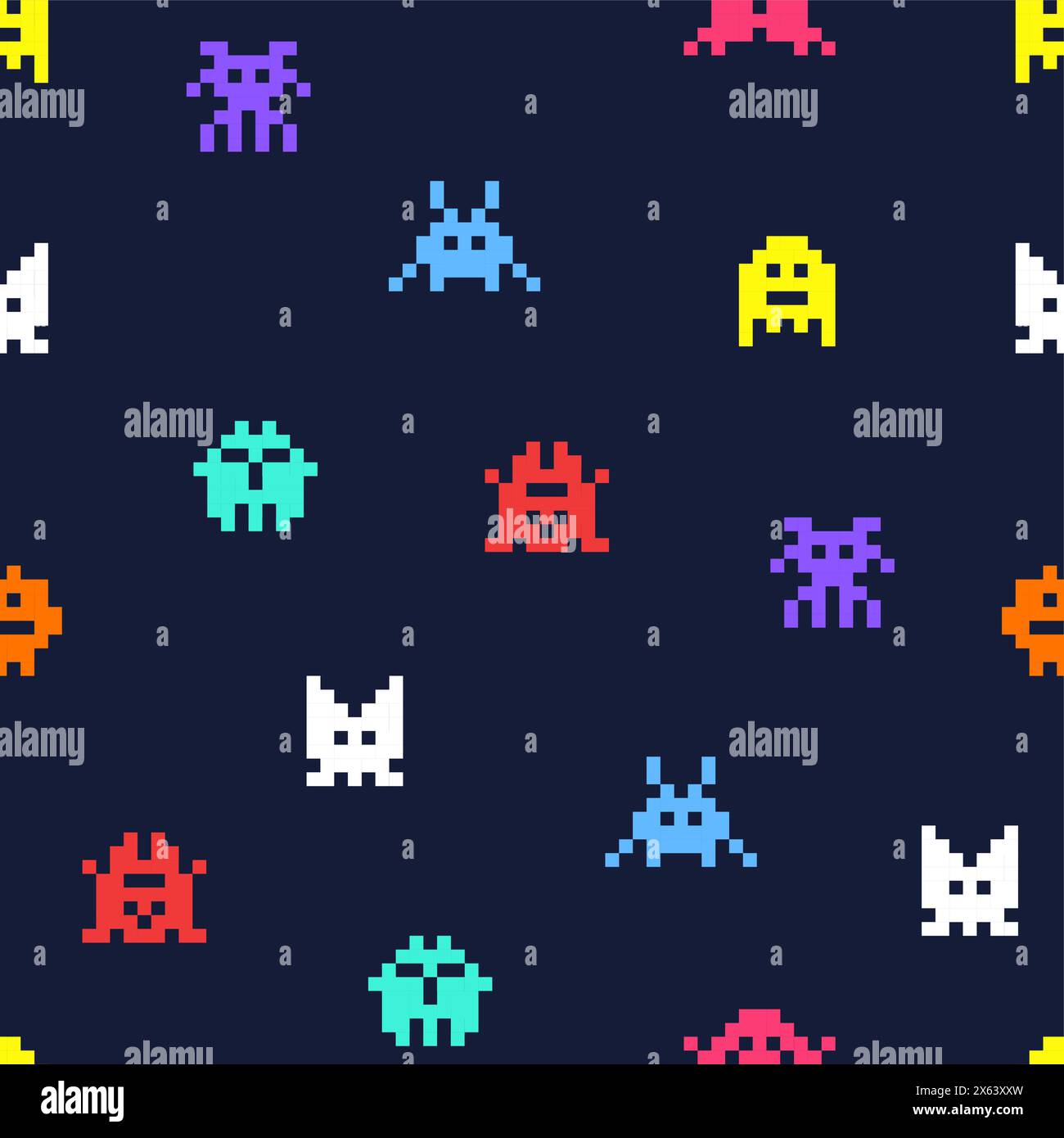 8 bit pixel arcade game alien invader seamless background. Superhero pixel space monster geek game Stock Vector