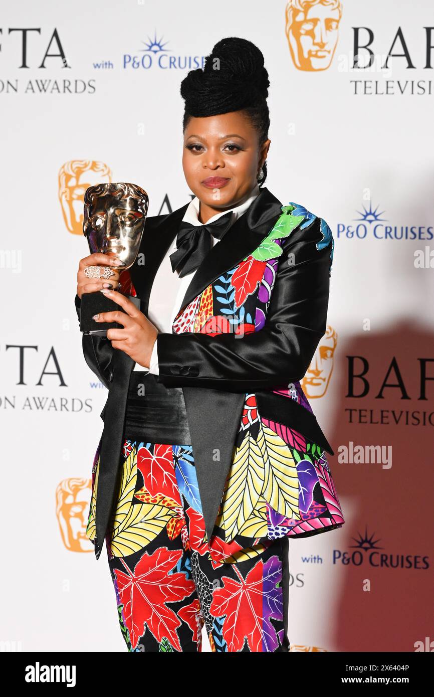 Royal Festival Hall, LONDON, ENGLAND, UK - MAY 12 2024: Gbemisola Ikumelo poses with the Female Performance in a Comedy Programme Award during the 2024 BAFTA Television Awards with P&O Cruises in the Winners Room during the 2024 BAFTA Television Awards with P&O Cruises, London, UK. Credit: See Li/Picture Capital/Alamy Live News Stock Photo