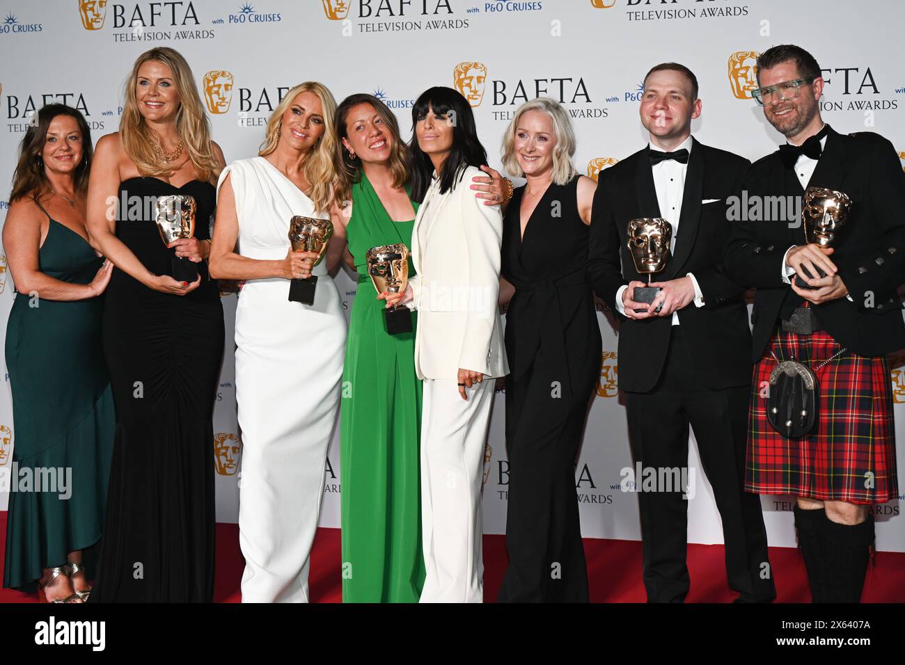 Royal Festival Hall, LONDON, ENGLAND, UK - MAY 12 2024: (From second L-R) Stefania Aleksander, Tess Daly, Sarah James, Claudia Winkleman, Nicola Fitzgerald, Jack Gledhill and Robin Lee-Perrella pose with the Entertainment Award for 'Strictly Come Dancing' in the Winners Room during the 2024 BAFTA Television Awards with P&O Cruises, London, UK. Credit: See Li/Picture Capital/Alamy Live News Stock Photo