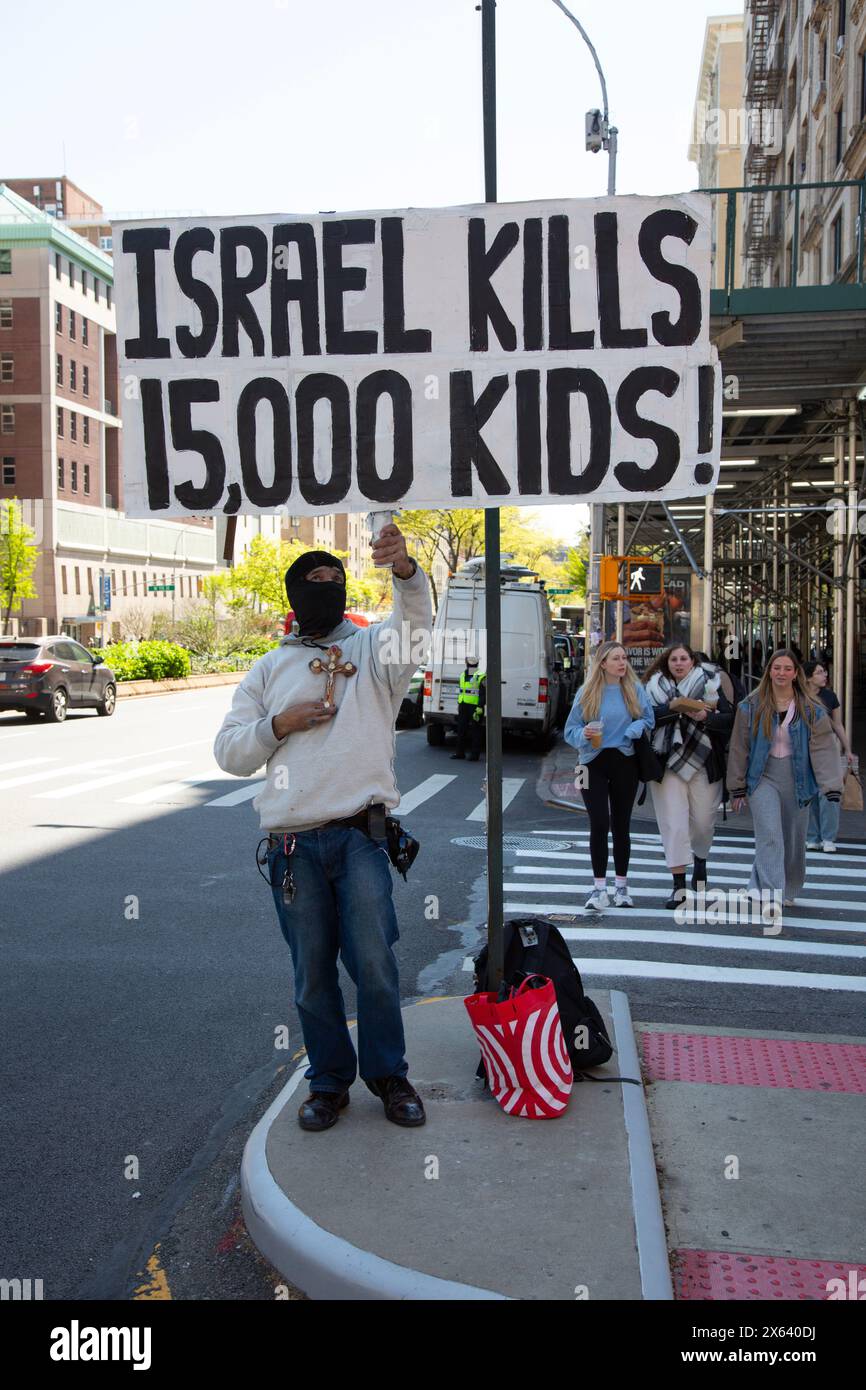 Outside Columbia University on Broadway demonstrators speak out about the fallout  against Israel  from the continuoius destruction of Gaza and the deaths of thousnds of Palestinian civilians. Stock Photo
